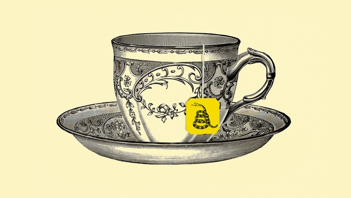 A tea cup illustration with a Gadsden flag tea bag
