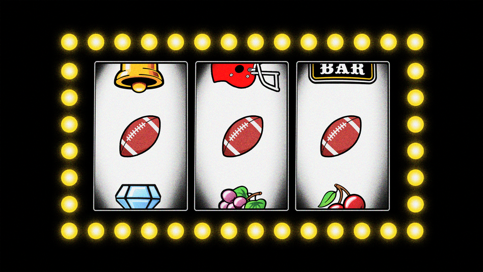 An image of a slot machine with a three footballs
