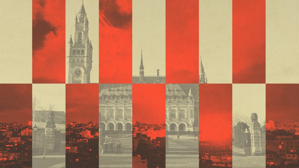 Collage showing the ICJ building and images of Israel