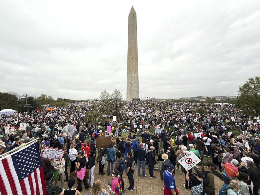 A large crowd of protesters gathers near the Washington monument in Washington, D.C.