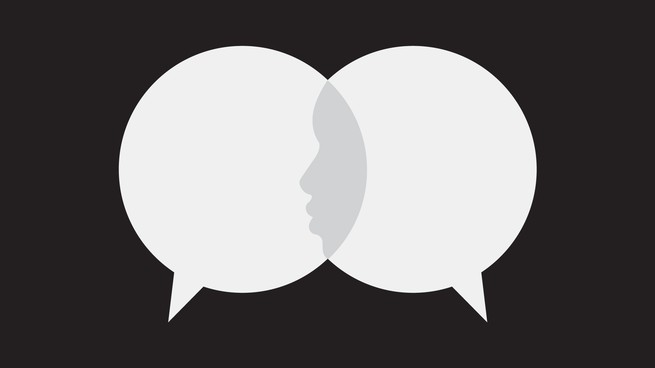 Two speech bubbles, the profile of a person in the space where the overlap
