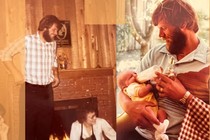 A collage of photographs of the author's father smiling with friends and family, also featuring the author as a baby