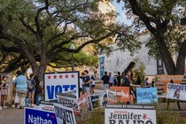 "Vote" signs on a lawn