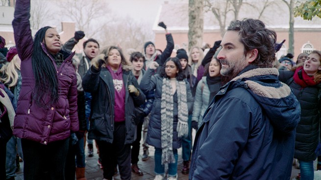 Students protesting a professor played by Jay Duplass