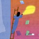 A woman on a ladder searching an almost empty bookshelf for a book