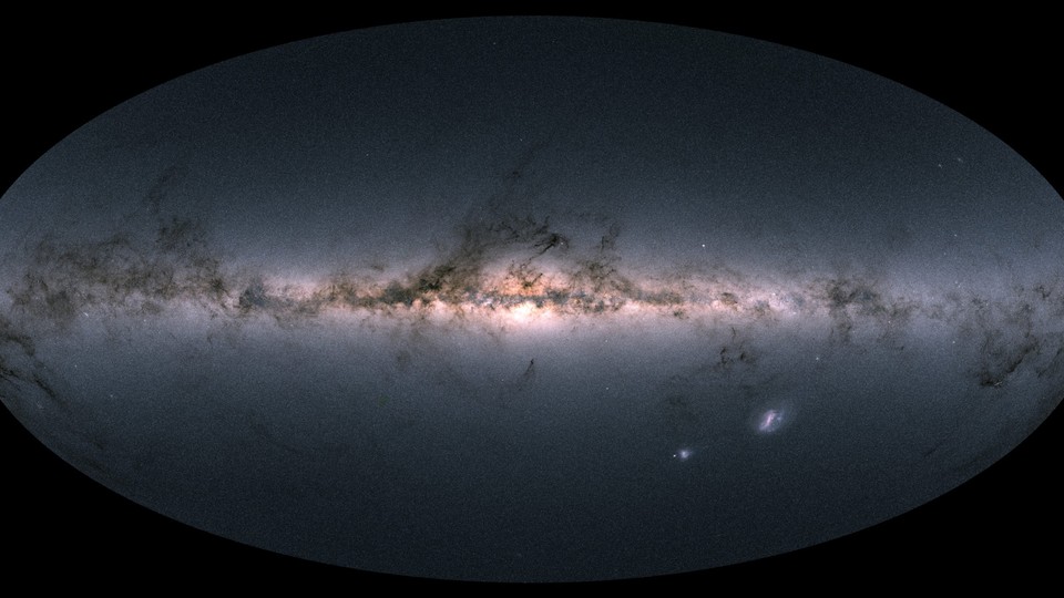 Gaia’s all-sky, purple, pink, and white map of the Milky Way galaxy and its satellites