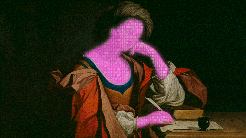 A painting of a woman writing is superimposed with a glitchy computer effect.