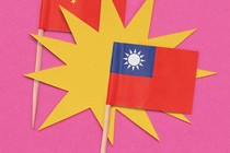 Paper cut-and-paste craft showing a Chinese flag, a yellow bang icon, and the Taiwanese flag.