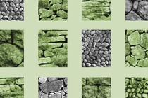 A set of rectangular pictures of dry stone walls, some moss covered, washed green and inset into a light-green background