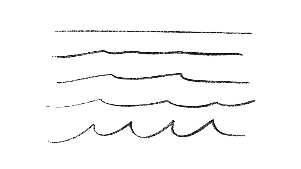 A drawing of 5 black lines, each becoming more wavy than the last as they move down the page