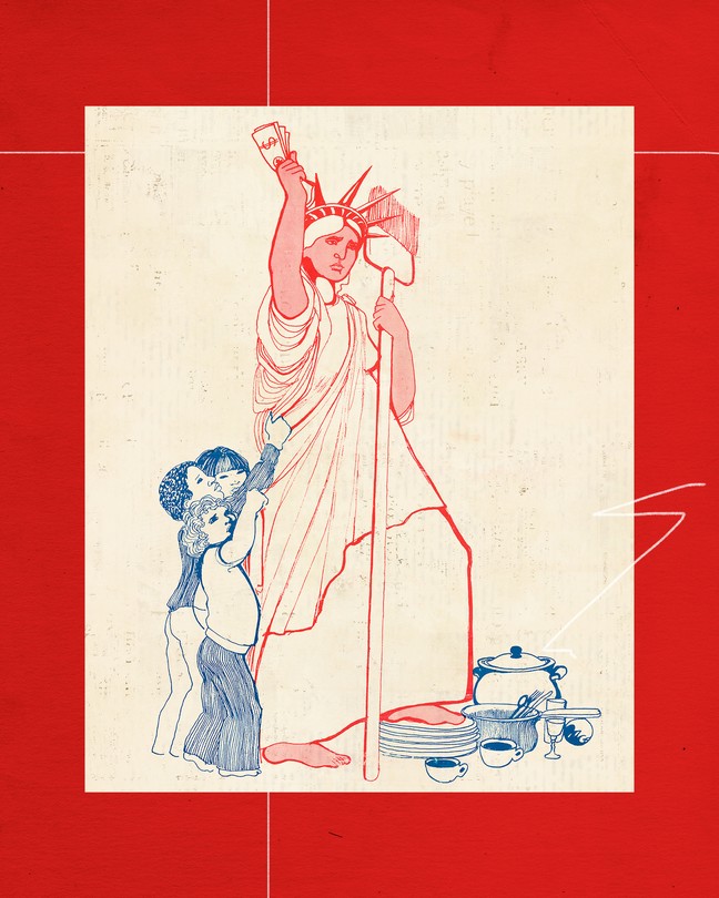 Archival poster from the 'Wages for Housework' campaign, depicting an illustration of Lady Liberty holding a broom in her left hand, cash in her right. Below, she has one foot set on a stack of dishes, while three children pull at her dress.