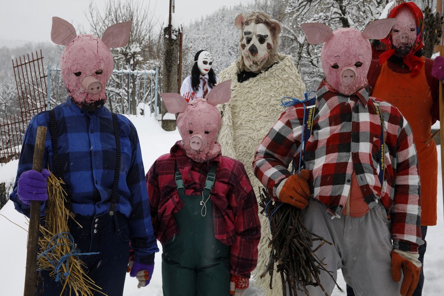 Half a dozen people wearing animal costumes and masks pose together on a snowy day.