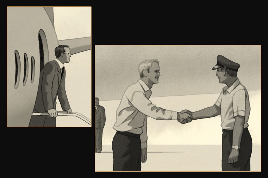 illustration: man exiting small plane; two men shaking hands