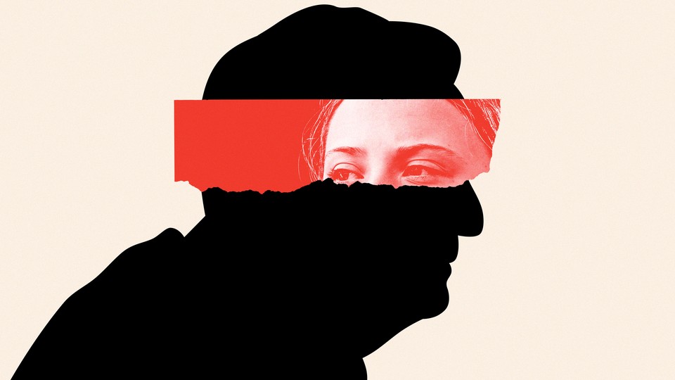Silhouette of George Soros with a torn photo of Greta Thunberg's eyes placed over it.