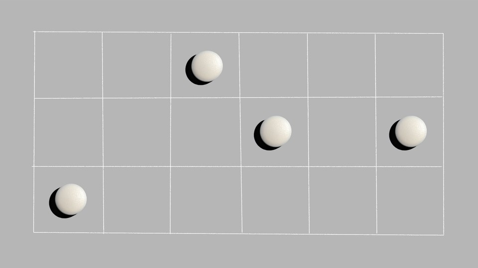 Illustration of a grid on which four white pills rest