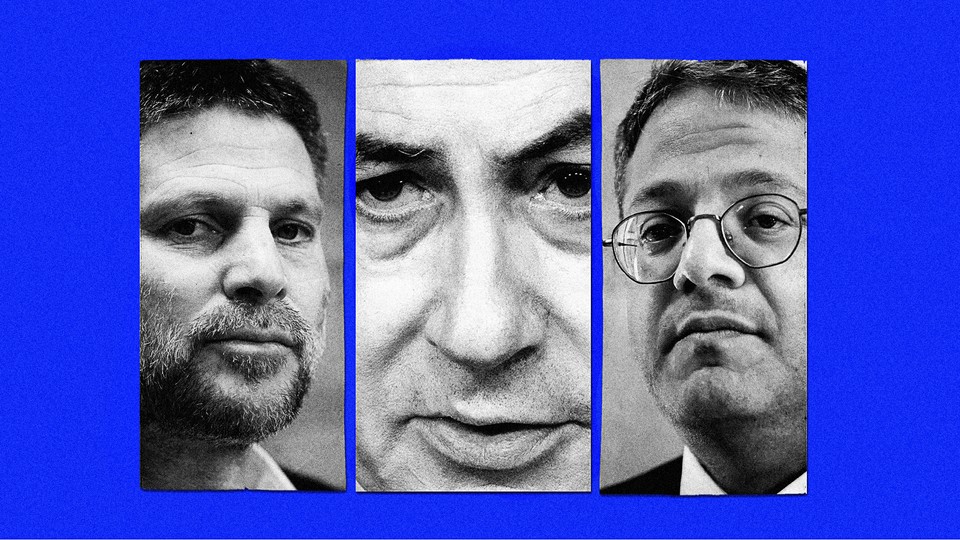 A triptych shows a close up of Benjamin Netanyahu's face flanked by those of Bezalal Smotrich and Itamar Ben-Gvir