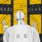 black and white image of pope from behind with arms raised pushing open two large doors into yellow concentric-circle timeline background with dates from Catholic history