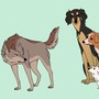A cartoon drawing of a wolf facing a small pack of dogs of different breeds
