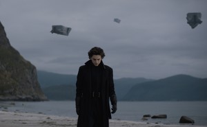 Timothee Chalamet standing on a beach, dressed in a thick black coat, pieces of something blowing in the wind against a cloudy sky