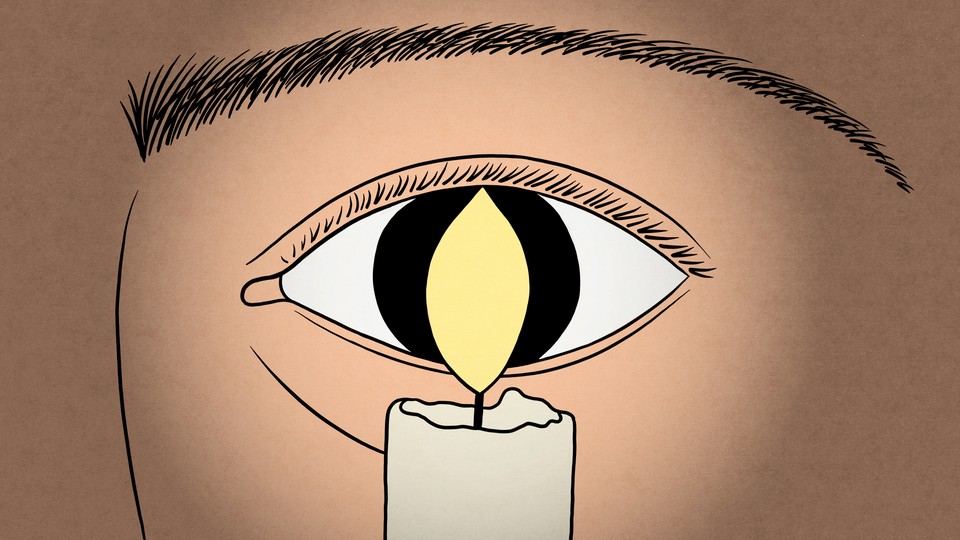 Illustration of a burning candle with a human eye behind it’s flame