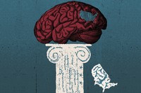 A section of a brain, shaped like the United States, falls from the pedestal holding it up.