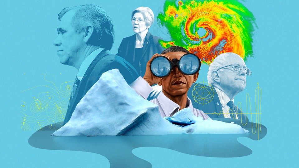 Barack Obama, Elizabeth Warren, and Bernie Sanders contemplate a melting iceberg and a hurricane radar image.