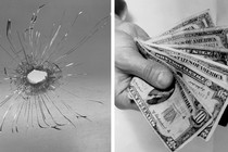 A photo collage of a window with a bullet hole next to a wad of cash
