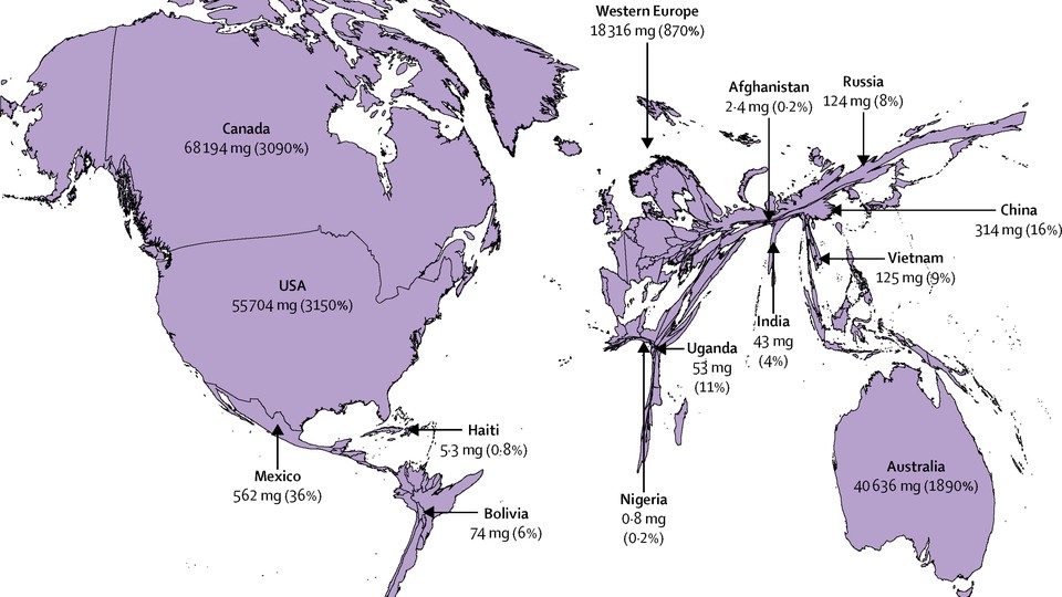 A map using size to show the relative opioid needs that are met by countries around the world in which North America is enormous and Africa and Asia are tiny