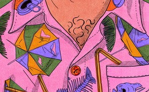 illustration of man from neck down wearing collared pink aloha-style shirt with pattern of crushed cans, broken beach umbrellas, fish skeletons, and bendy straws