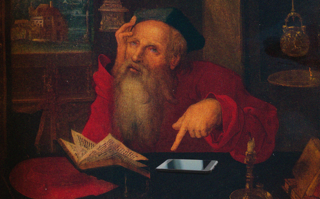 painting of an old man looking at a book and an iphone
