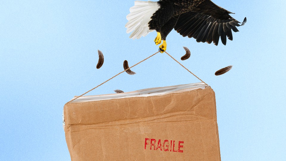 Photo illustration of an eagle struggling to carry a large brown box in its claws