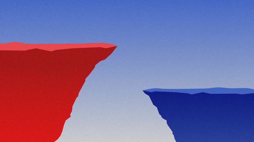 Illustration of red and blue cliffs of differing heights, with a horizontal gap in between the two