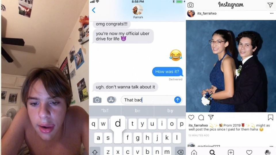 Three screenshots: A front-camera image of a shirtless boy using his phone, a text exchange, and an Instagram post