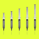 An animated line of vaccine shots, with their back handles rising like an upward-sloping graph
