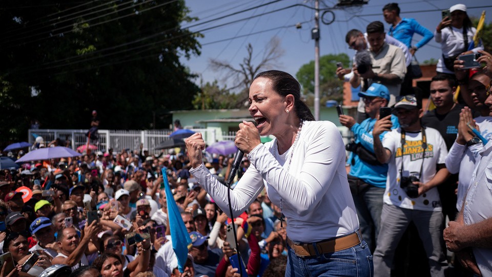 Venezuelan opposition leader Maria Corina Machado speaks to supporters during a rally in Mariara, Carabobo State, Venezuela on March 13, 2024.