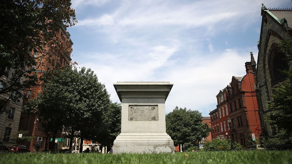 A pedestal in Baltimore that held a statue of the former Supreme Court Chief Justice Roger B. Taney, author of the Dred Scott decision