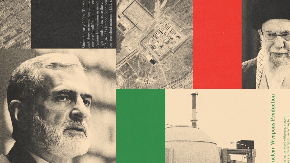 Collage showing satellite imagery, newspaper clippings, and Iranian leaders