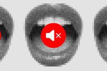 A series of three black-and-white talking mouths with red mute buttons over them