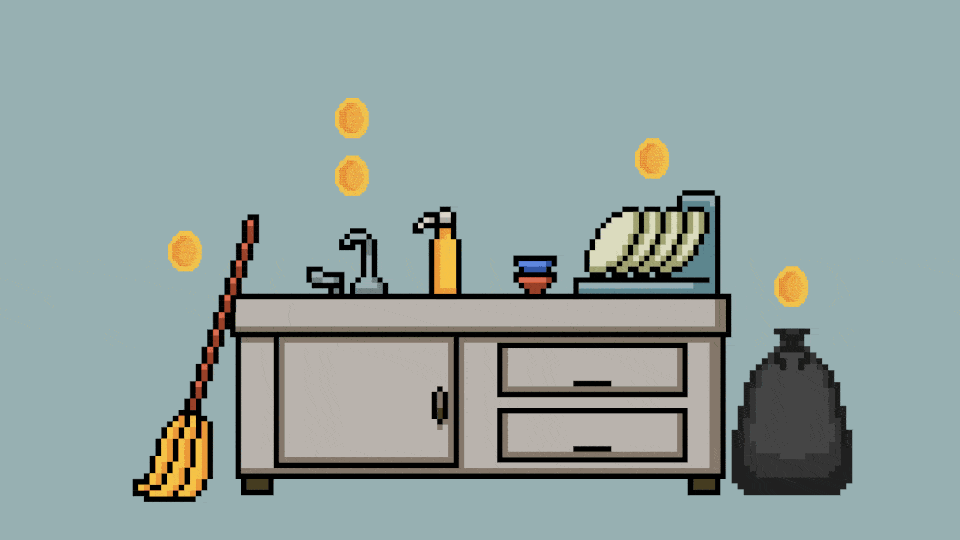 A sink, a bag of trash, dishes, and a broom with gold coins spinning above them