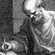 A black-and-white image of Socrates writing