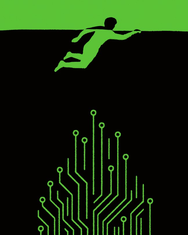 illustration with child's green silhouette swimming across black sea with creature or plant styled as the nodes of a silicon chip reaching up out ominously of the depths