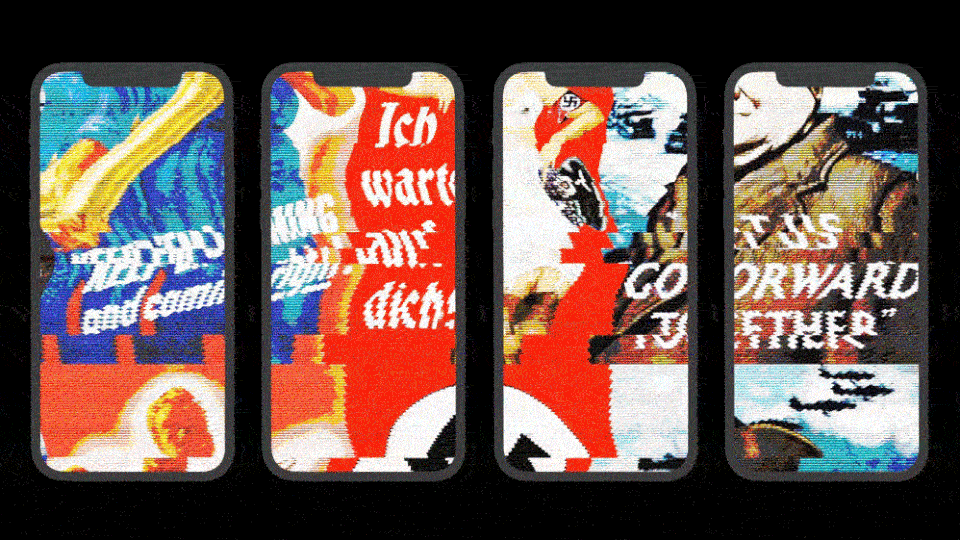 An animation of old propaganda posters inside new-age cellphones.