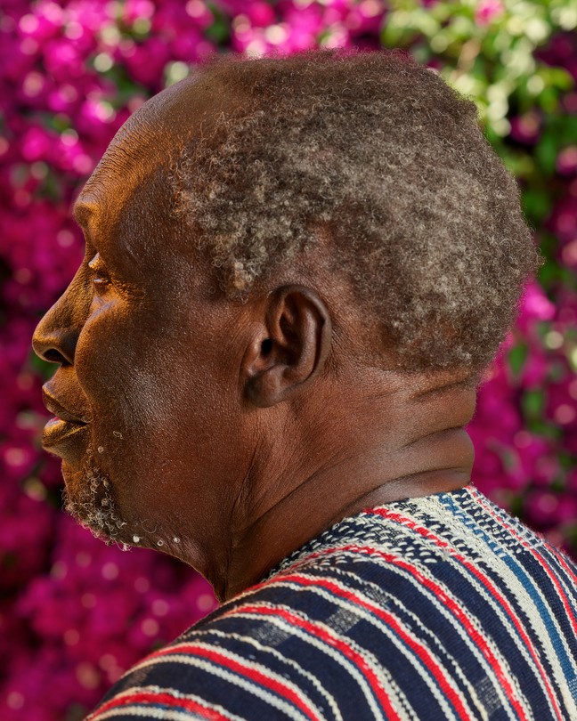 Profile of the author Ngũgĩ wa Thiong’o in front of pink flowers wearing an striped shirt