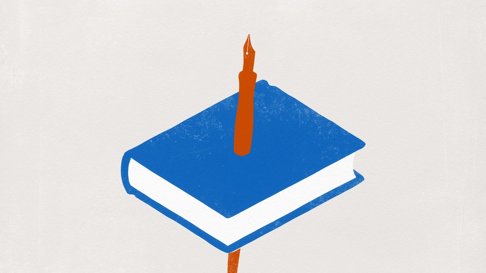 A graphic illustration of a red pen, piercing through a blue book