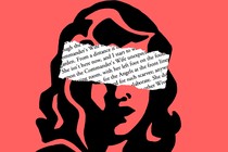 An illustration of a woman's silhouette against a red background, with text pasted across her eyes