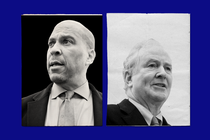 Diptych with two black-and-white photographs of Cory Booker and Chris Van Hollen on a royal-blue backdrop.