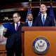 Adam Schiff, Jerrold Nadler, Hakeem Jeffries, and Eliot Engel speak in front of a podium during a media briefing.