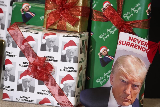 Gifts wrapped in Trump wrapping paper