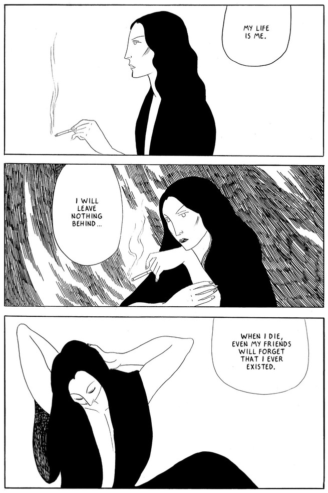 Three black and white comic panels of a woman with long black hair and a melancholy air
