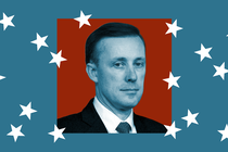 Photo of guest Jake Sullivan against a blue background and falling white stars